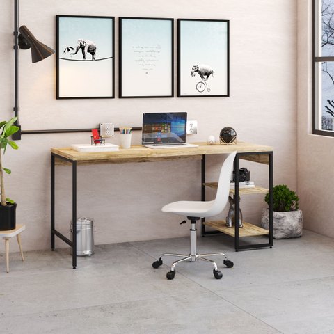 Escrivaninha Mesa Escritório com Estante Baixa Estilo Active 2 Prateleiras 150cm Industrial Yescasa Carvalho Marrom