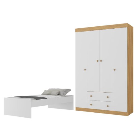 Jogo de Quarto com Cama Solteiro e Guarda-Roupa 4 Portas 2 Gavetas Lira Multimóveis MP4836