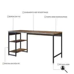 Escrivaninha com Estante Baixa 2 Prateleiras Estilo Industrial 150cm Active Yescasa - 6