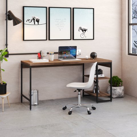 Escrivaninha Mesa Escritório com Estante Baixa 2 Prateleiras Estilo Industrial 150cm Active Yescasa