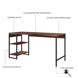 Escrivaninha com Estante Baixa 2 Prateleiras Estilo Industrial 150cm Active Yescasa - 6