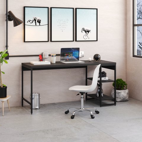 Escrivaninha Mesa Escritório com Estante Baixa Estilo Active 2 Prateleiras 150cm Industrial Yescasa Preto Ônix