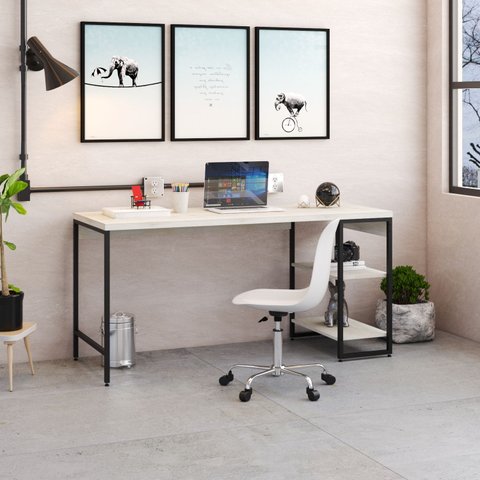 Escrivaninha Mesa Escritório com Estante Baixa Estilo Active 2 Prateleiras 150cm Industrial Yescasa Snow Branco