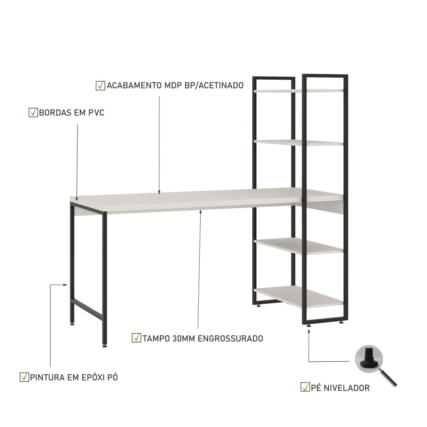 Escrivaninha com Estante 4 Prateleiras Estilo Industrial 150cm Active Yescasa - 5