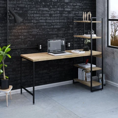 Escrivaninha Mesa Escritório com Estante Estilo Active 4 Prateleiras 150cm Industrial Yescasa Carvalho