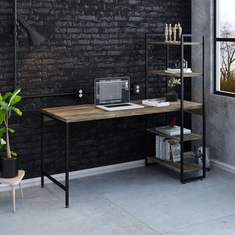 Escrivaninha Mesa Escritório com Estante Estilo Active 4 Prateleiras 150cm Industrial Yescasa Carvalho Dark Marrom