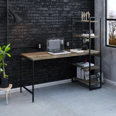 Escrivaninha Mesa Escritório com Estante Estilo Active 4 Prateleiras 150cm Industrial Yescasa Carvalho Dark