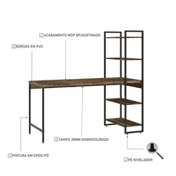 Escrivaninha com Estante 4 Prateleiras Estilo Industrial 150cm Active Yescasa - 5