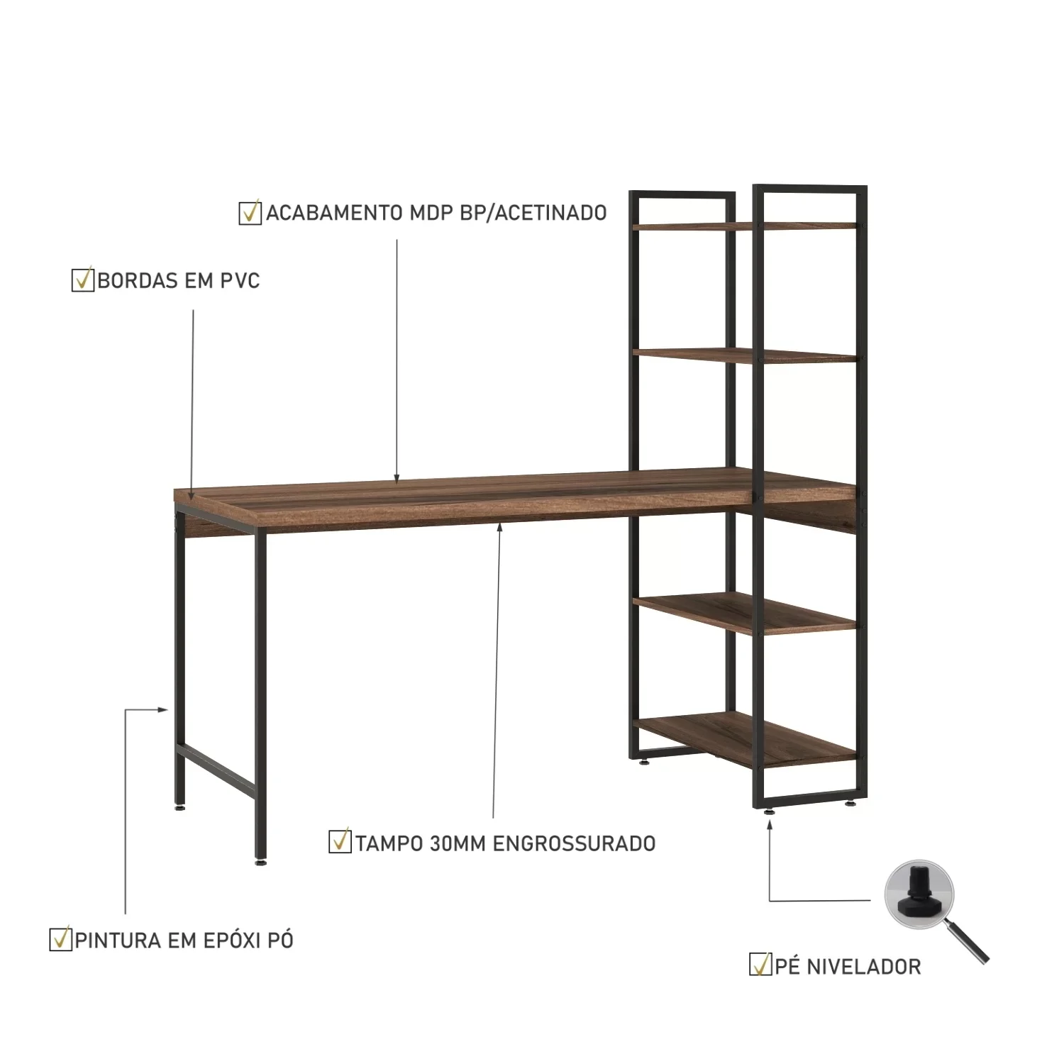 Escrivaninha com Estante 4 Prateleiras Estilo Industrial 150cm Active Yescasa - 5