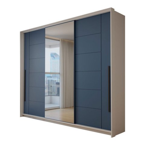 Guarda-Roupa Casal Genebra 3 Portas 4 Gavetas com Espelho Branco/Azul - Panorama Móveis