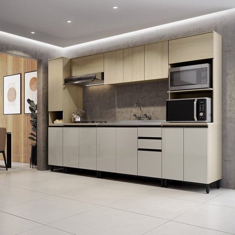 Cozinha Modulada Completa 6 Peças 14 Portas 2 Gavetas Yescasa Bege/Marrome/Nude