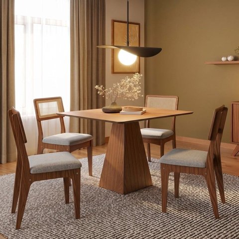 Conjunto Sala de Jantar Mesa Pirâmide 105cm com 4 Cadeiras MDF Palha Sintética Pinhão/Bege Claro