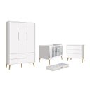 Ver imagem 1 de Dormitório Theo 3 Portas, Cômoda 3 Gavetas Branco com Pés Madeira Natural e Colchão D18 - Reller Móv