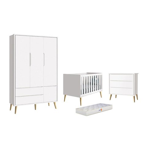 Dormitório Theo 3 Portas, Cômoda 3 Gavetas Branco com Pés Madeira Natural e Colchão D18 - Reller Móv