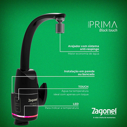 Torneira Eletrônica Zagonel Prima Black Touch Bancada ou Parede 127v - 3