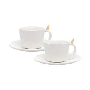 Jogo Xícaras Chá em Cerâmica com Pires 170ml Colibri Dourado