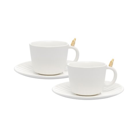 Jogo Xícaras Chá em Cerâmica com Pires 170ml Colibri Dourado