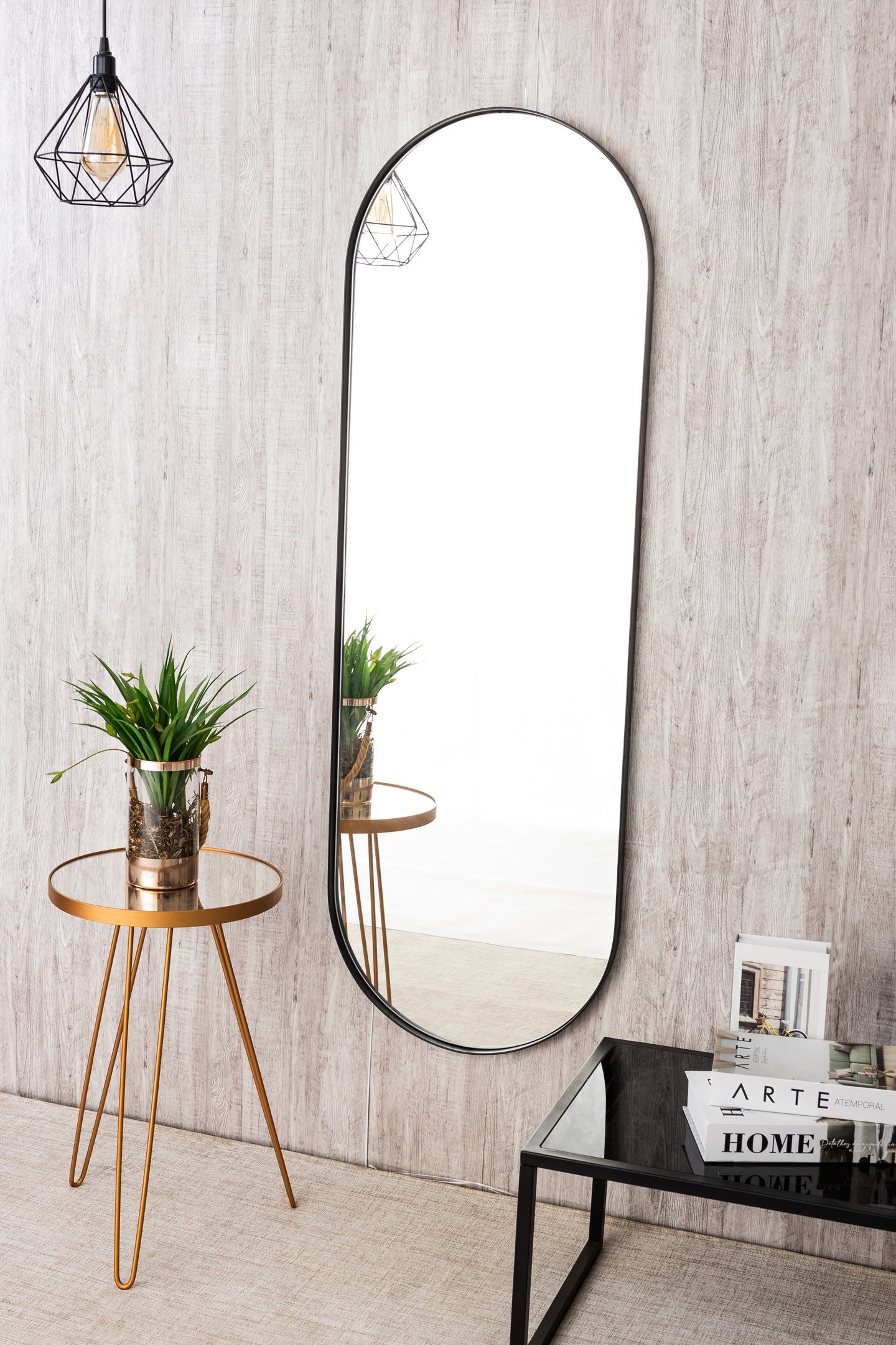 Espelho Decorativo Grande Oval com Moldura Metal Corpo Inteiro 170 X 70 Cm Industrial Preto - 1