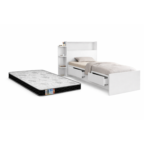 Cama Solteiro Branca com Gavetas, Baú e Prateleiras Organizadoras e Colchão D33
