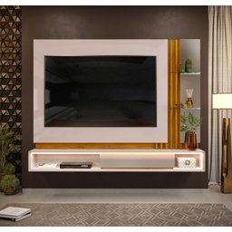 Painel Ripado Suspenso Pietro 2.2 Para TV até 70'' com LED, Vidro e Espelho Off White Freijo DJ Move - 1 Painel Ripado Suspenso Pietro 2.2 Para TV até 70'' com LED, Vidro e Espelho Off White Freijo DJ Move - 1