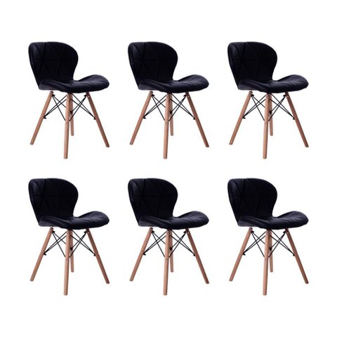 Kit 06 Cadeiras Estofada Jantar Charles Eames Eiffel Slim Wood Confort Preto