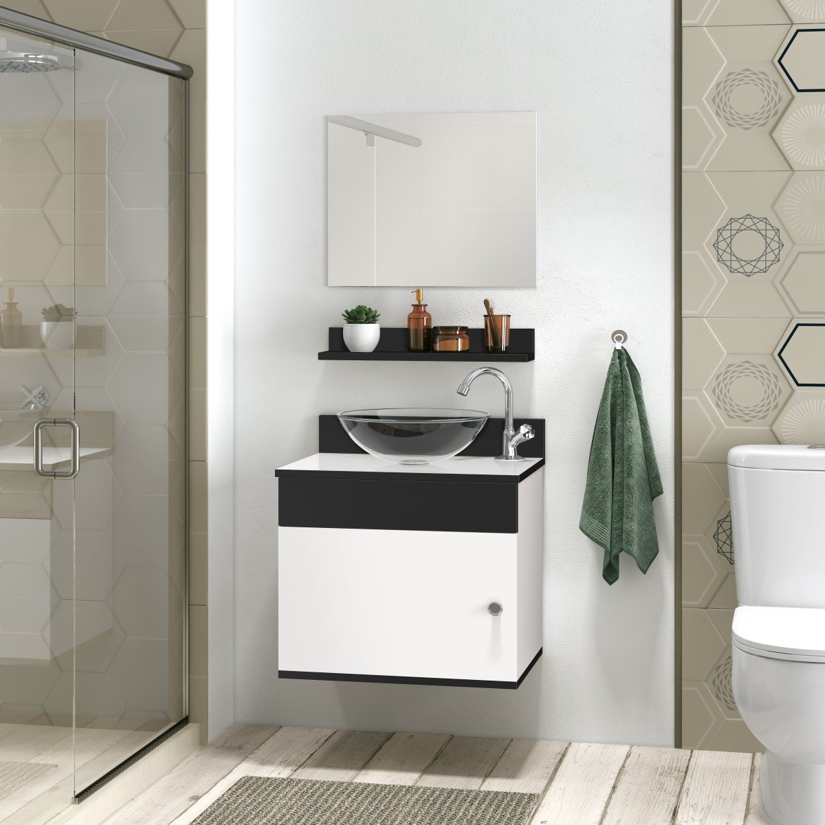 Gabinete para Banheiro Completo Prateleira Armário Espelho Avanti 44 cm Cor: Preto - 2