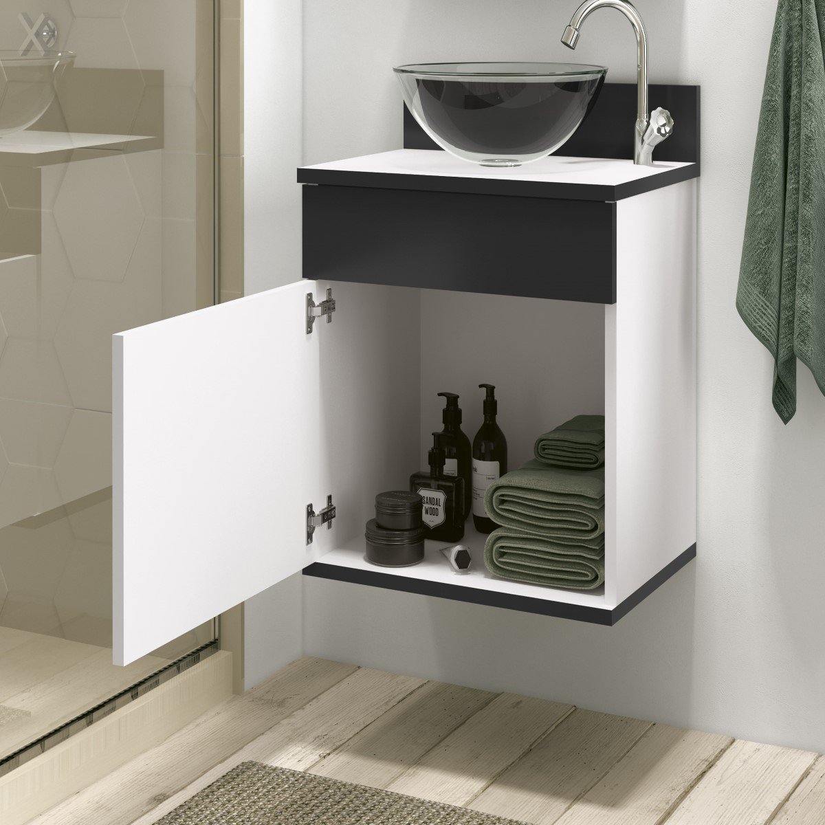 Gabinete para Banheiro Completo Prateleira Armário Espelho Avanti 44 cm Cor: Preto - 3