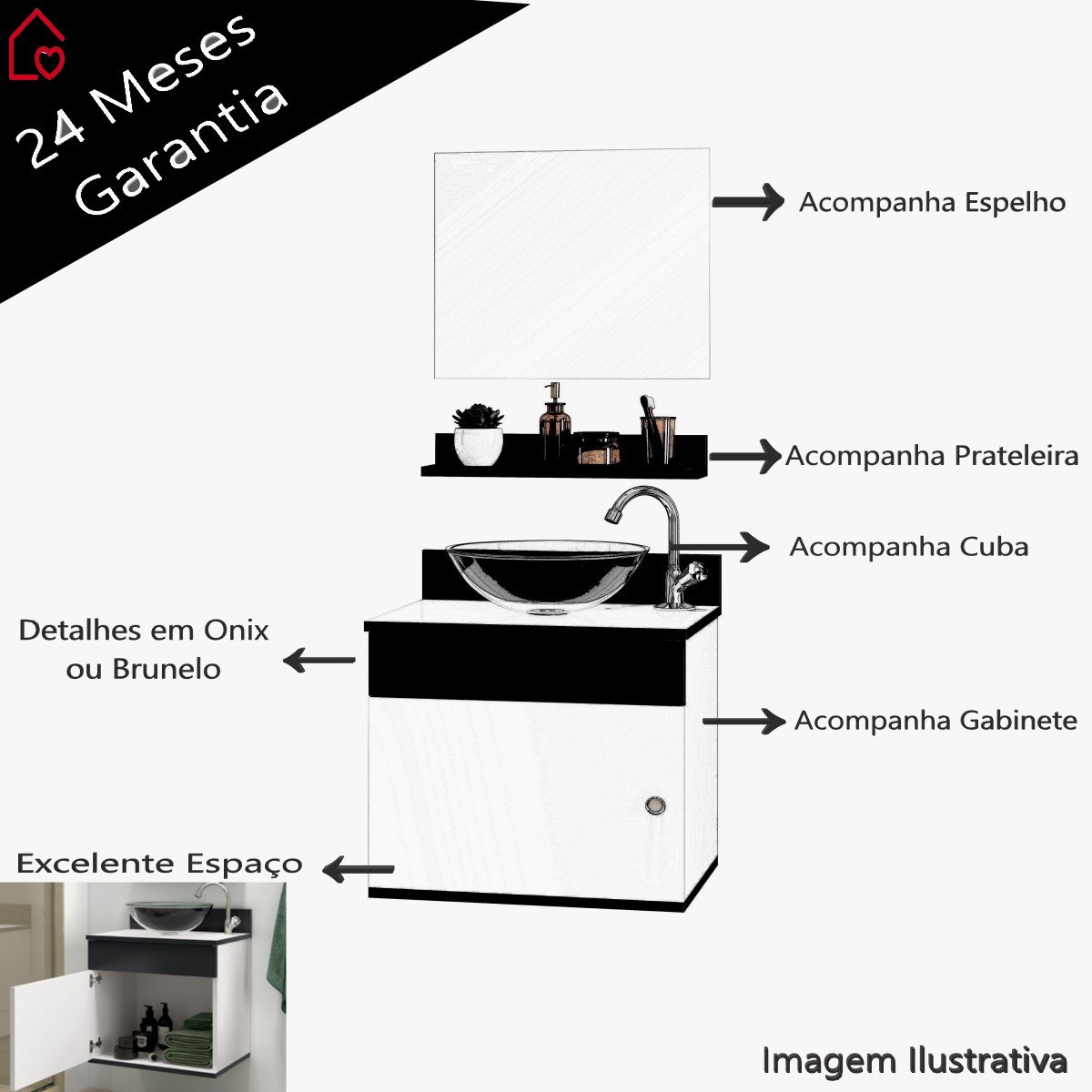Gabinete para Banheiro Completo Prateleira Armário Espelho Avanti 44 cm Cor: Preto - 6