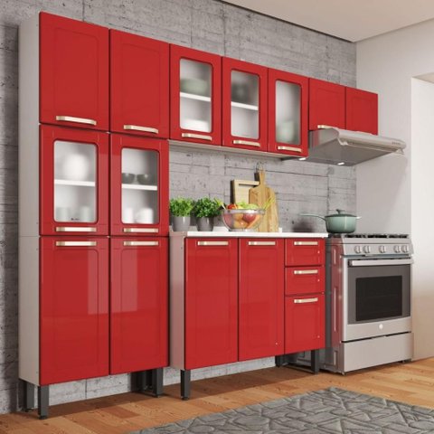 Cozinha Completa em Aço 14 Portas 2 Gavetas Colors Vermelho