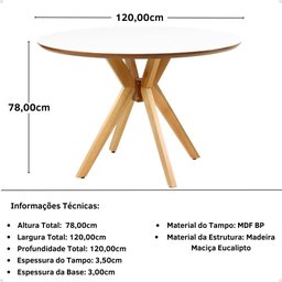Mesa de Jantar Redonda 120cm Marci Premium em Madeira Maciça e MDF - Branco - 3