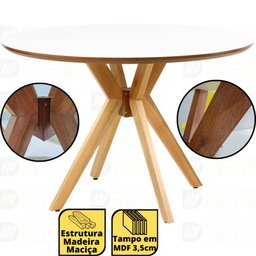 Mesa de Jantar Redonda 120cm Marci Premium em Madeira Maciça e MDF - Branco - 2