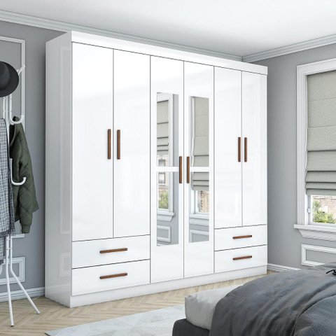 Guarda-Roupa Casal Medelin 6 Portas 4 Gavetas com Espelho Multimóveis CR35557 Branco