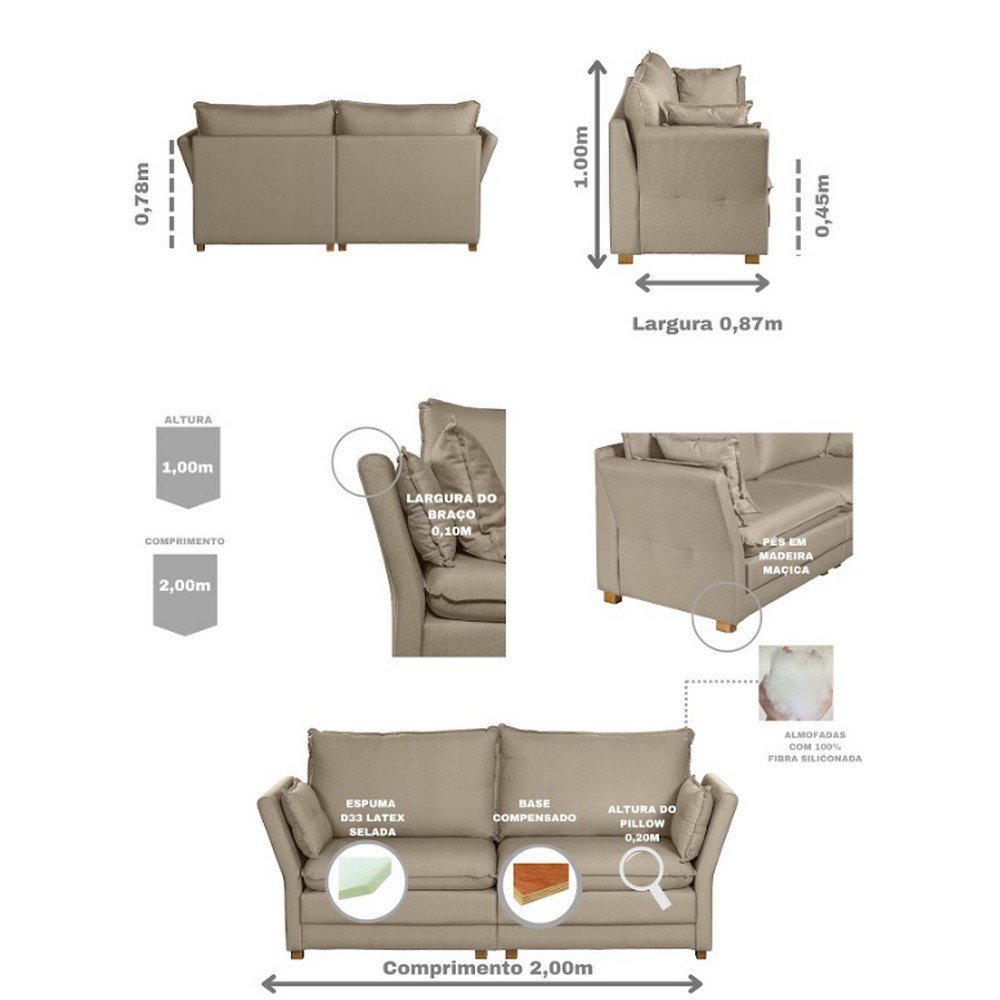 Sofá Natal Living com 3 Lugares 2.00 MT Linho Corriente Sofatec
