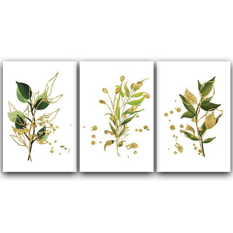 Kit Placas Quadros Decorativos 3 Pçs 20x30 Folhas Douradas