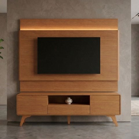 Rack com Painel para TV até 65 Polegadas 185cm x 187cm com LED 100% MDF Pés em Madeira Maciça Ares