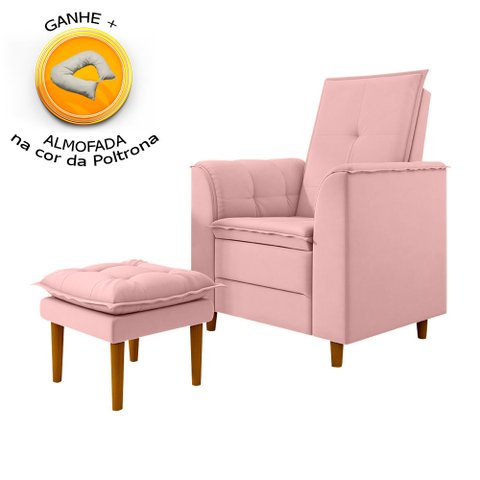 Poltrona de Amamentação Quarto Infantil com Puff Kate Pés Palito Suede Rosa Bebê + Binde Amofada New