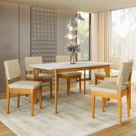 Conjunto Sala de Jantar Siera 6 Lugares Retangular Madeira Maciça Miami Marrom/Cerejeira/Palha