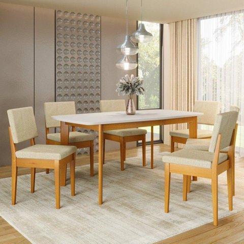 Conjunto Sala de Jantar Siera 6 Lugares Retangular Madeira Maciça Miami Natural/Cerejeira/Palha