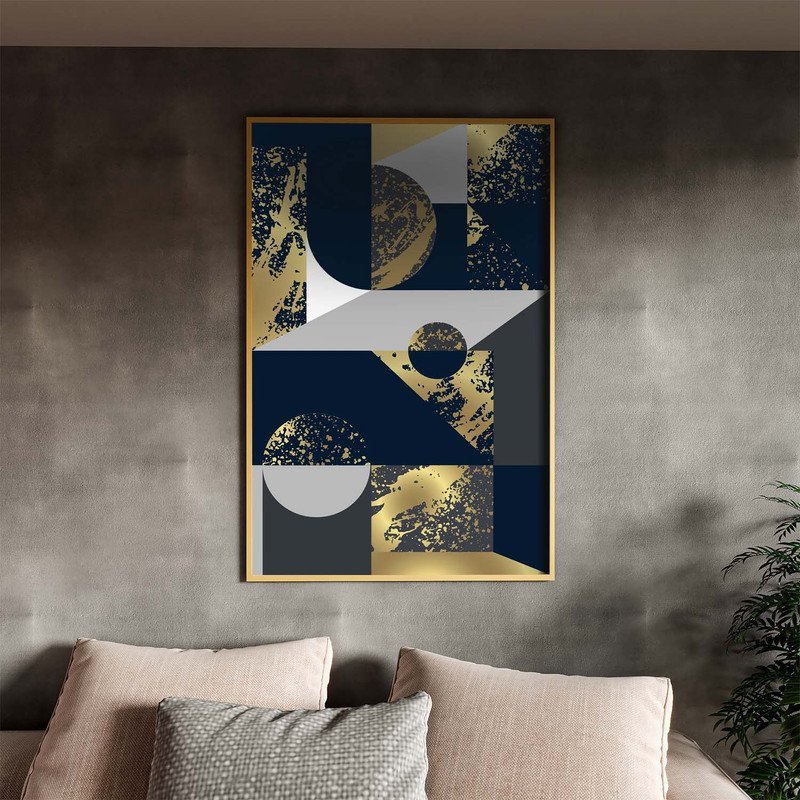 Quadro Decorativo Tela Canvas Abstrato Geometric Seg com Modura Dourada - 120x60 Cm - 1