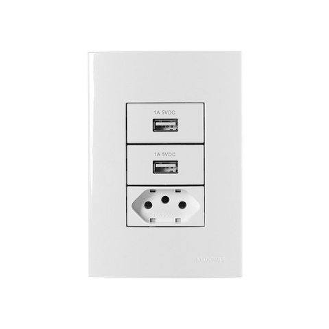 Tomada Usb-a Dupla 1a 5w e Tomada 2p+t 10a Margirius Sleek com Placa 4x2 Branca