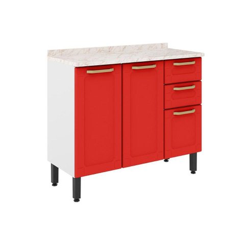 Gabinete de Cozinha Modulado Balcão Colors 6114 3 Portas e 2 Gavetas c/Tampo Branco/Vermelho -