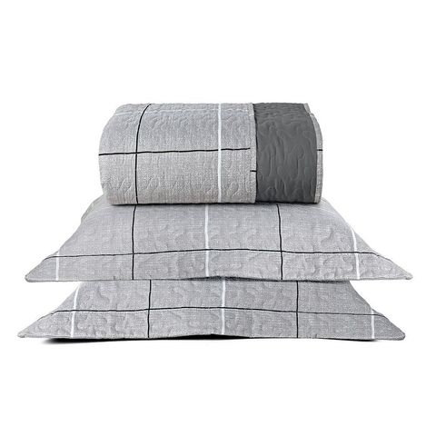 Kit Cobre Leito Colcha Celi King Dupla Face Micropercal 200 Fios 3 Peças Xadrez Grid Cinza