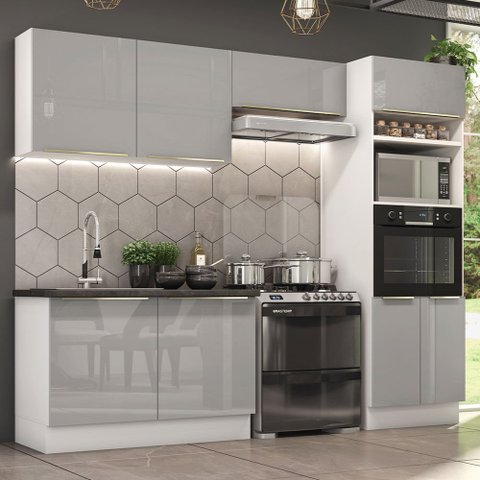 Cozinha Completa Madesa Lux 270001 com Armário e Balcão Branco/Cinza Cor:Branco Cinza