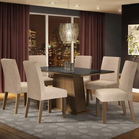 Conjunto Sala de Jantar Mesa Tampo de Vidro 6 Cadeiras Patricia Madesa