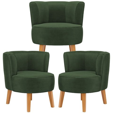Jogo 3 Poltronas Decorativa para Sala de Espera Comercial Base Fixa Pés em Madeira Natural