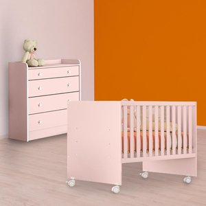 Conjunto Berço Reto e Cômoda Trocador Rosa