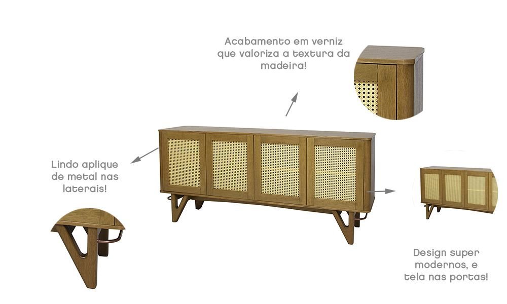 Balcão Buffet de Madeira Maciça Prime Wood 4 Portas Com Tela - 8