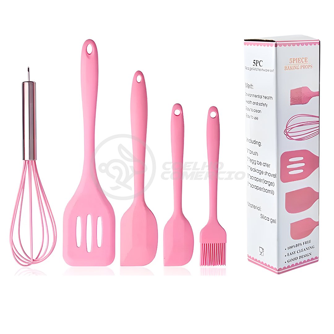 Kit 5 Utensílios de Cozinha Resistentes Conjunto Completo Peças de Silicone:rosa/único/unissex