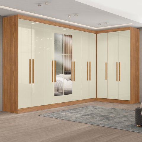 Guarda-Roupa Modulado de Canto com Puxadores MDF e Espelho Paris Off White/Cinamomo