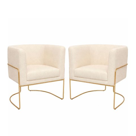 Kit 2 Poltronas Mono Base Aço Ouro Bouclé Off White - Sallar Home